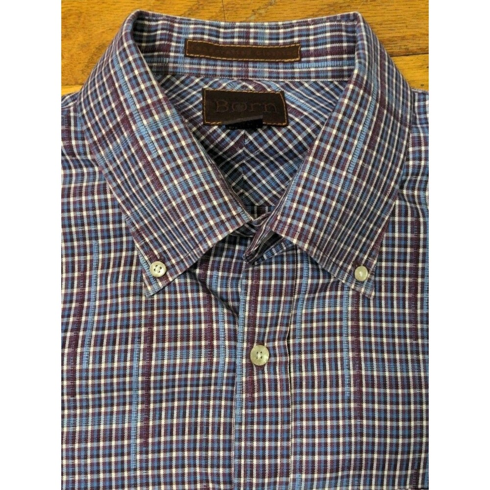 BORN Handcrafted Clothing Button Down Shirt Men's XL Purple Blue Plaid L/S - Picture 5 of 8